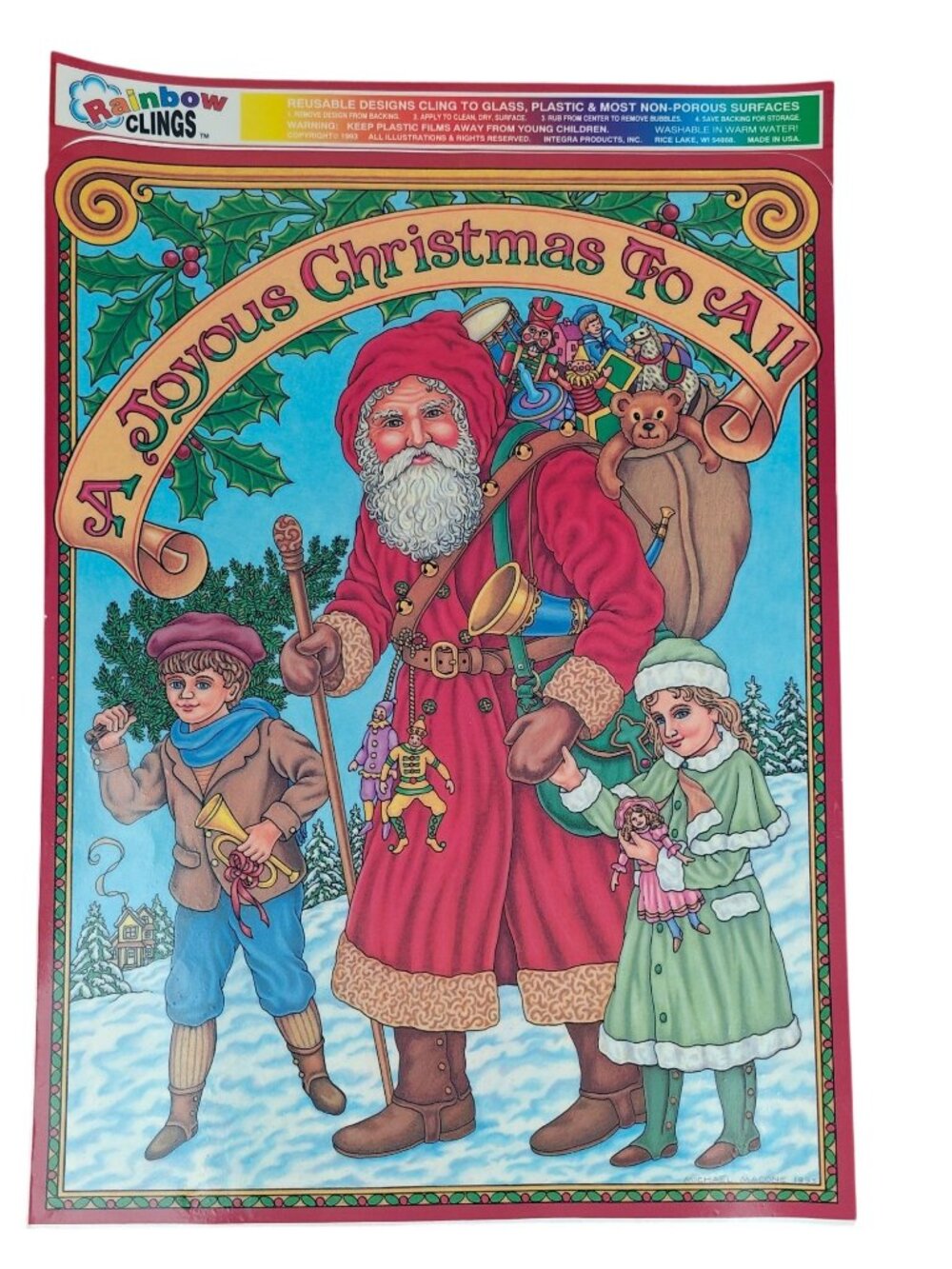 Vintage Rainbow Clings Santa A Joyous Christmas To All Window Clings 1993 USA